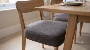 Close-up of comfortable upholstered chairs included in a luxury dining table and 4 chairs set.