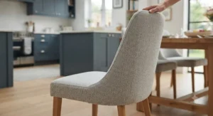 Ergonomic grey fabric dining chairs designed to match a 6 seater dining table and chairs set.
