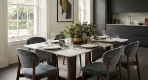 A stylish rectangular dining table paired with velvet-upholstered chairs in a neutral colour palette.