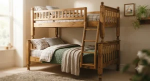 A traditional pine-style wooden bunk bed providing a warm aesthetic to a child's bedroom.