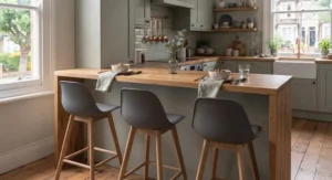 Stylish counter-height bar stools positioned against a modern kitchen breakfast bar.