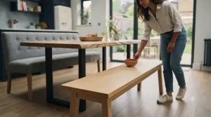 Minimalist pine wooden dining bench offering a durable and cost-effective seating solution for dining areas.
