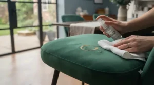 Demonstrating stain-resistant fabric care on a soft grey velvet dining chair seat