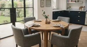 Space-saving compact carver chairs neatly tucked underneath a round wooden dining table in a compact apartment.