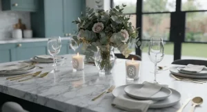 A round marble effect dining table neatly fitted into a cosy bay window dining nook in a British townhouse.