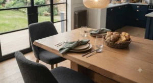 A compact rectangular solid oak dining table neatly positioned in a small British apartment kitchen.