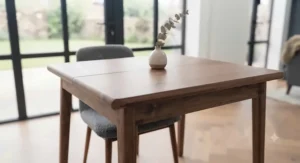 Compact solid walnut dining table tailored for modern British townhouses and smaller dining areas.
