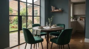 Compact velvet dining chairs tucked neatly under a round wooden table in a small London flat