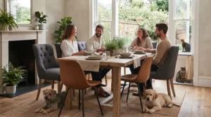 Warm and inviting UK dining space featuring plush grey fabric dining chairs paired with a rustic oak dining table.