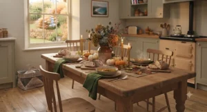 Cozy autumn-styled rustic pine dining table set with candles and tableware for a dinner party.