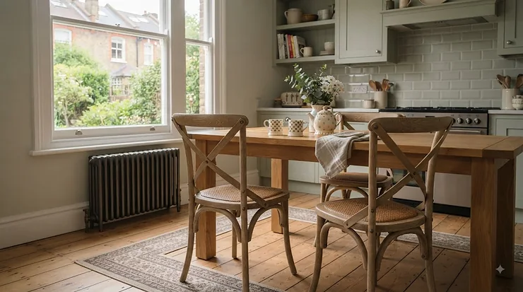 A pair of oak cross back dining chairs set of 2 styled around a wooden dining table in a modern British cross back dining chairs set of 2