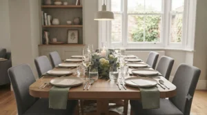 Room dimension diagram showing the ideal floor space required for a dining table for 10 people.