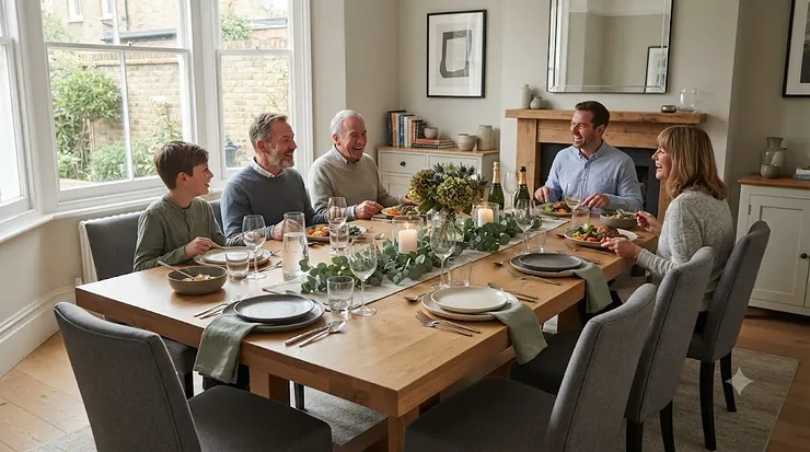 A spacious solid oak dining table for 10 people styled for a family dinner in a modern British home. dining table for 10 people