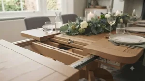 Rustic wooden dining table for 10 people paired with matching benches in a country-style kitchen.