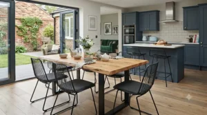 Durable white metal bistro-style dining chairs positioned in a busy family kitchen, highlighting easy-to-wipe surfaces.