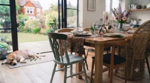 Eclectic mix-and-match vintage dining chairs creating a relaxed, bohemian dining room look.