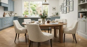 High-backed upholstered dining chairs providing comfortable ergonomic support for long dinner parties.