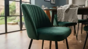 Side profile of an ergonomic velvet dining chair highlighting curved back support for dining comfort
