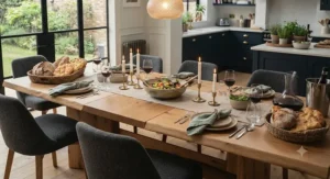 An extendable solid oak dining table set up with chairs for a family dinner party.