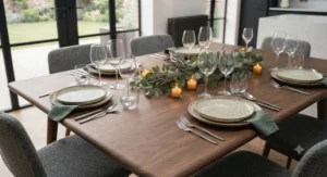 Extendable solid walnut dining table shown partially extended to fit extra guests.