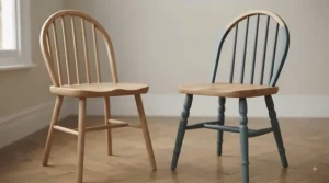 Set of heritage-style Windsor dining chairs painted in a neutral heritage shade alongside natural wood finishes.