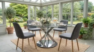 A stylish glass top dining table placed inside a bright British conservatory overlooking a garden.