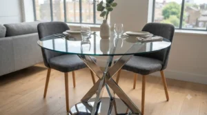 A contemporary glass top dining table featuring sleek polished chrome metal legs on a wooden floor.