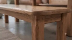 Detailed view of sturdy handcrafted wooden joinery on the corner leg of a solid oak bench.