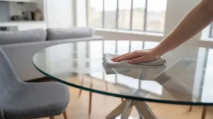 A person wiping down a clean glass top dining table with a microfibre cloth for a streak-free finish.