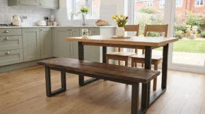 Industrial-style dining bench featuring dark metal legs and a rustic wood-effect top for contemporary dining spaces.