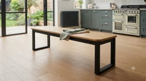 Modern oak dining bench featuring a natural wood grain top and black powder-coated metal legs.
