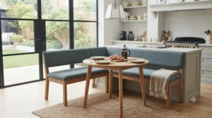 L-shaped corner dining bench with a padded backrest designed for a compact kitchen diner layout.