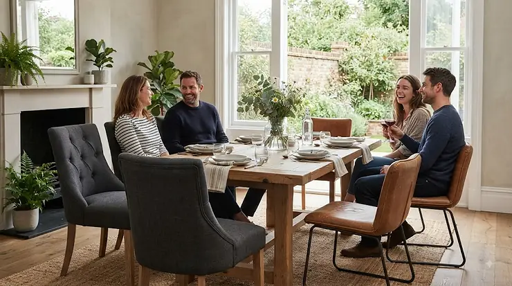 A modern UK dining room featuring leather dining chairs and fabric dining chairs side by side around a wooden dining table. leather dining chairs vs fabric dining chairs