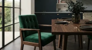 Emerald green velvet carver chairs with button tufting paired with a dark wood dining table.