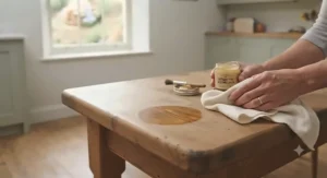Demonstrating how to clean and maintain a solid rustic pine dining table using natural wax.