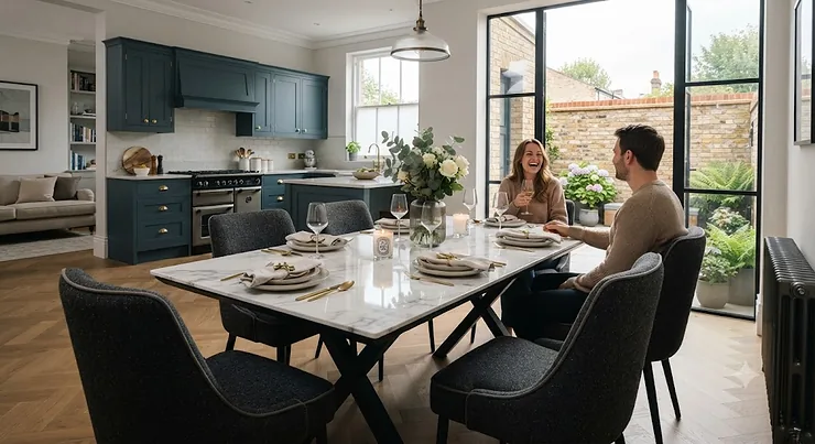A stylish, modern marble effect dining table set with upholstered chairs in a bright, contemporary British living-dining space. marble effect dining table