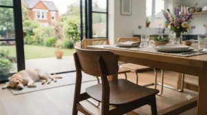 Contemporary mid-range wooden dining chairs featuring minimalist design for modern British dining rooms.
