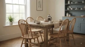 Modern farmhouse dining room featuring a reclaimed timber dining table styled with classic spindle-back Windsor chairs.
