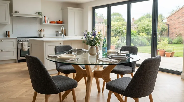 A contemporary glass top dining table styled with minimalist chairs in a bright, modern British home interior. glass top dining table