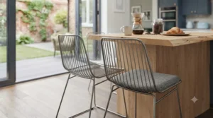 Minimalist cantilever metal dining chairs surrounding a glass-top table in a light-filled kitchen diner.