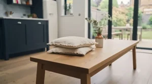 Light oak wooden dining bench styled with linen cushions in a bright, contemporary British open-plan dining space.