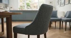 Open-plan dining area showcasing comfortable fabric upholstered dining chairs paired with a contemporary oak dining table.