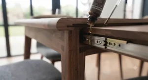 Naturally oiled finish protecting the surface of a durable solid walnut dining table.