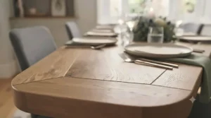 Weather-resistant teak patio dining table for 10 people set up on a British garden lawn for a summer barbecue.