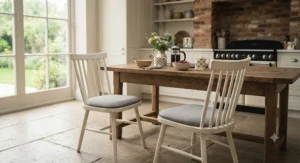 White-painted wooden dining chairs paired with a rustic wooden table in a farmhouse kitchen.