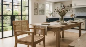 Natural rattan and cane carver armchairs styled around a rustic pine dining table.