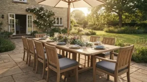 A large circular pedestal dining table designed to seat 10 people for inclusive family gatherings.