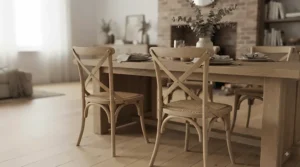 Rustic cross back dining chairs set of 2 arranged around a reclaimed wood dining table for family meals.