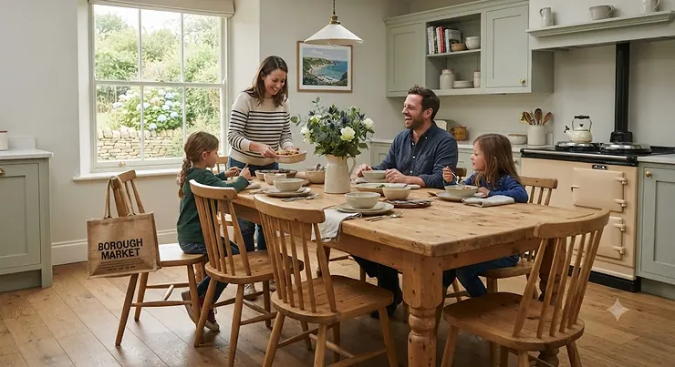 A handcrafted rustic pine dining table styled with chairs in a modern British dining room. rustic pine dining table