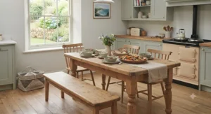 Rustic pine dining table paired with a matching wooden bench and chairs in a country-style interior.